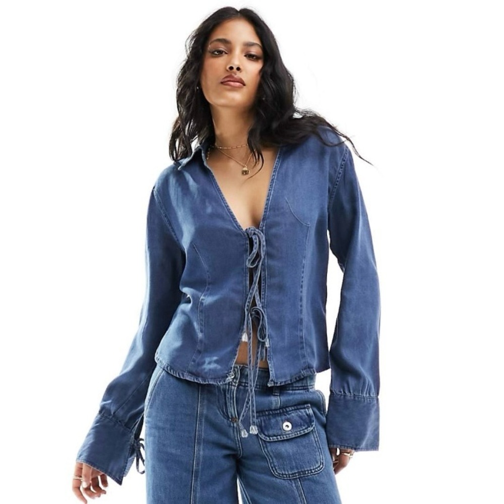 ONLY Tie Front Denim Shirt - Picture 1 of 9